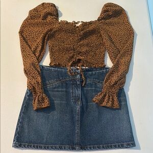 Leopard Print Puff Sleeve Top and Denim Skirt Set